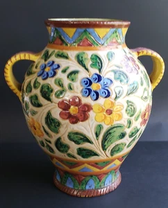 Italian mid-century Majolica style Pottery urn vase two handles signed numbered - Picture 1 of 14