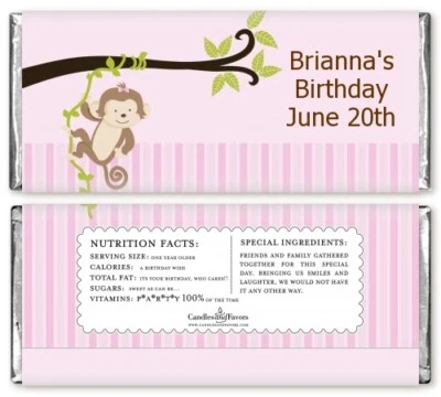 Envolturas de barra de caramelo personalizadas para fiesta de cumpleaños rosa mono - Hershey Candy Favor Foto 1 de 2