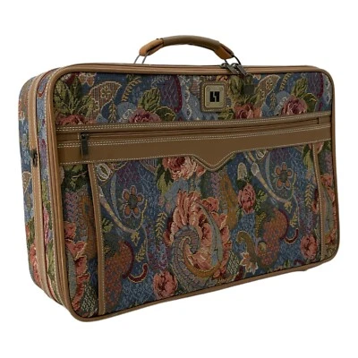 Tapiz de equipaje de ocio vintage de los 80 azul marino floral maleta de mano bolso borde tostado Foto 1 de 4