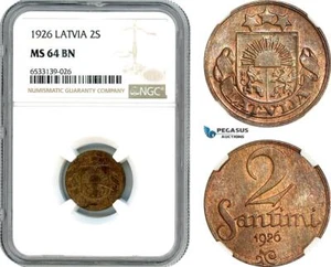 AI442, Latvia, 2 Santimi 1926, NGC MS64BN - Picture 1 of 1