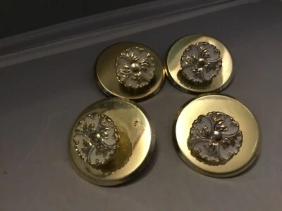 Vintage Mid century drawer knobs w/ backplate brass, knob antiq white 4 set #269 - Image 1 of 4