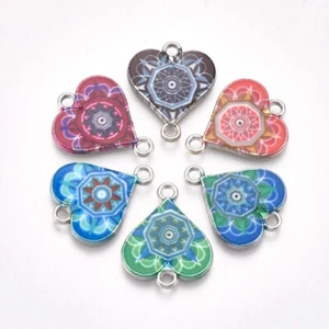 10 Mixed Patterned Heart Shaped Silver Tone Connector Charms & Enamel Detail - Picture 1 of 3