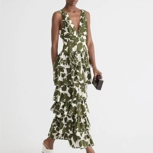 J. Crew Collection Dress Plunge Neck Tiered Floral Leaf Print Sleeveless Maxi 6 - Picture 1 of 12