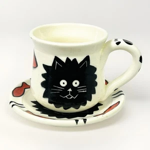 Handmade Earthenware Pottery Coffee Mug Cup & Saucer - Black Cat & Fish - Picture 1 of 6