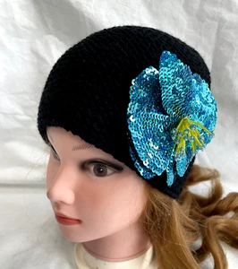 Women Hat Soft Beanie Hand Knit Wool Black color Warm Beret Sequins Hat - Picture 1 of 6