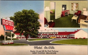 NEW CASTLE, DELAWARE - DE VILLE ROADSIDE MOTEL - SPLIT-VIEW - LINEN POSTCARD - Picture 1 of 2