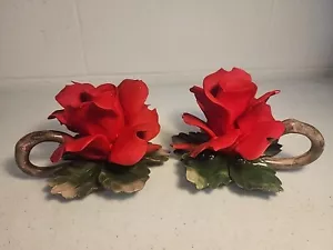 Vintage Capodimonte Porcelain Red Rose Candle Holders Italy - Picture 1 of 10