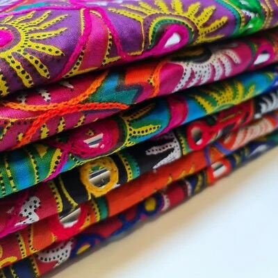 TEXTILE STATION 100% Cotton Lawn Indian Ethnic Mirror Embroidery Rangoli Boho Banjara Fabric 44"
