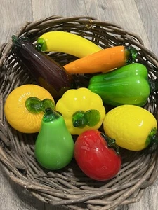 Vintage Mix Glass Fruit & Vegetables 9 pc Blown Glass Art Murano Style Eggplant - Picture 1 of 18