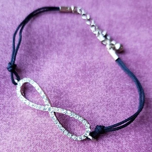 Infinity Rhinestone Black Cord Gold Tone Chain Figural Bracelet 8" Thin BR1 - Picture 1 of 18