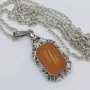 Vintage Silver 830 & Amber Chain Pendant Necklace 1980s MADE IN GERMANY - Picture 1 of 7