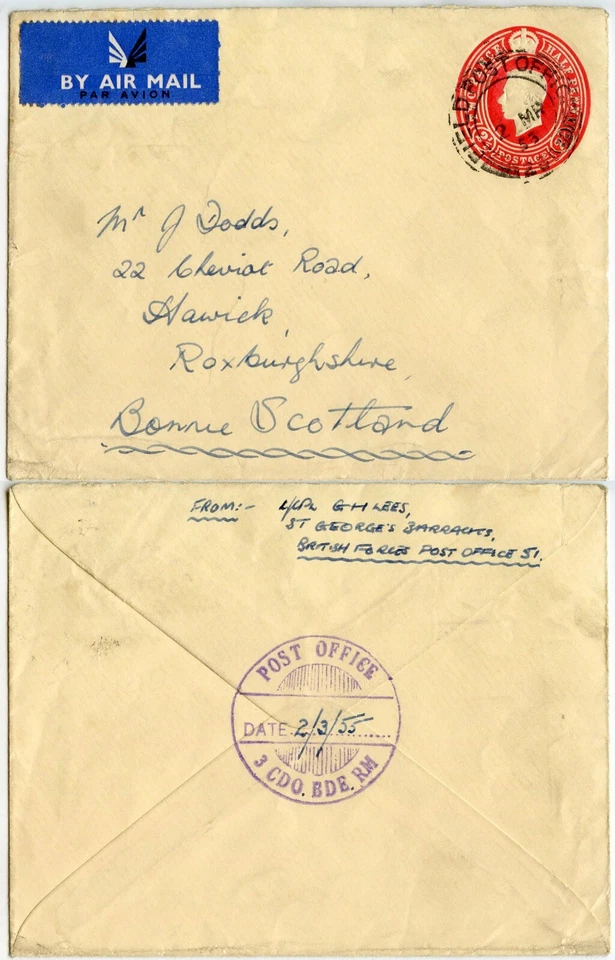 MALTA ARMY 3 COMANDO P.O KG6 PAPELERÍA CORREO AÉREO a HAWICK ESCOCIA SALA DE CORREOS HS Foto 1 de 1