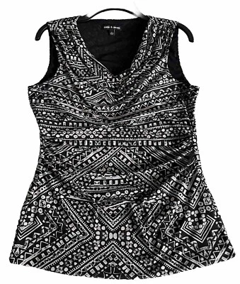 Blusa sin mangas acanalada superpuesta de malla geométrica con cuello drapeado de cable y calibre talla L forrada Foto 1 de 4