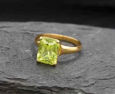3.00 Ct Emerald Cut Real Peridot & Diamond Engagement Ring 14K Solid Yellow Gold - Image 1 of 4