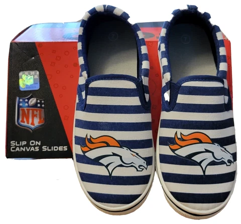 NFL Denver Broncos Womens Stripe Canvas Shoes Slip On Slides Size 7 NEW IN BOX Cover