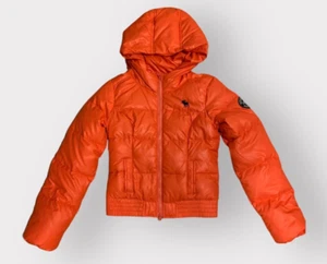 Abercrombie Girl’s Puffer Jacket Medium Orange Down Hooded Zip Moose Logo NEW - Picture 1 of 6