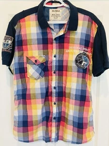 DESIGUAL Mens Slim Short Sleeve Shirt XL Checked Cotton Colourful - Picture 1 of 6