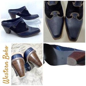 Western Boho Genuine Suede Blue Pointed Toe Ankle Bootie Mules Sz 6 New Vtg Y2 - Picture 1 of 8