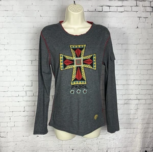Double D Ranch Top Small Women's Gray Embroidered Cross Peace Red Stitching (111 - Picture 1 of 10