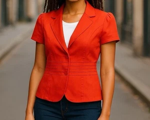 Marks & Spencer Lined Linen Blend Jacket UK 14P Orange/Red Cap Sleeve - Picture 1 of 10