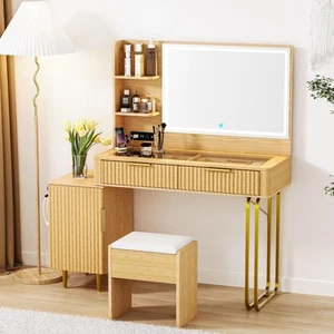 galasily Fluted Makeup Vanity Desk with Large Mirror and Lights Chairs, Wood ... - Picture 1 of 8