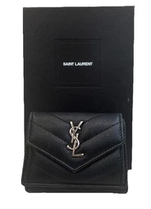 SAINT LAURENT YSL Logo Compact Trifold Wallet Leather Black Silver Logo RARE - Bild 1 von 16