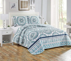 Juego de colcha acolchada King/Cal King de 3 piezas ropa de cama floral turquesa azul marino blanco... - Imagen 1 de 12