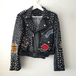 Zara Black Real Leather Jacket Biker Embroidered Embellished Size L Large 12 14 - Picture 1 of 7