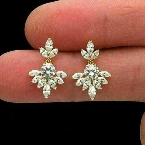 Multi Cut Natural Diamond Drop Dangle Women's Unique Earrings 14k Yellow Gold - Image 1 of 4