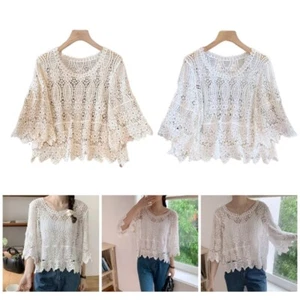 Women Mesh Crochet Shirt Blouse Top Long Sleeve Hollow Out Knit Sweater Cover Up - Picture 1 of 10