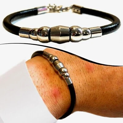 Bracciale da uomo in acciaio inox catena di pelle nero braccialetto cuoio donna - Immagine 1 di 4