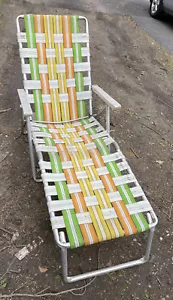 Vintage orange yellow green Webbed Aluminum Folding Chaise Lounge Lawn Chair - Picture 1 of 12