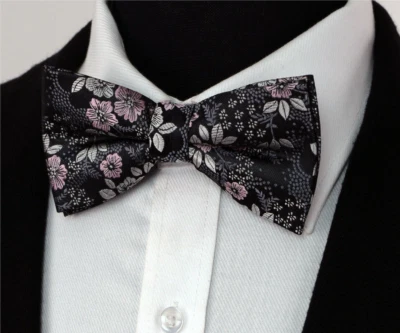 Mens Bow Tie Floral Grey Silver Black Pink Pre Tied Collar Strap Tuxedo Silk UK - image 1 of 4
