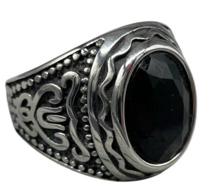 ANELLO PIETRA NERA OVALE DI ONICE BRIOLE' UOMO DONNA ACCIAIO INOX CON BOX REGALO - Immagine 1 di 4