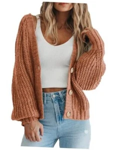 Women's Chunky Knit Open Front Sweater Long Sleeve Button Large Light Orange - Picture 1 of 7