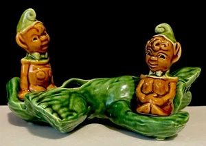 RARE! VINTAGE ARCADIA CERAMICS Elf Pixies W/Green Branch Stand 1940’s SET OF 3 - Picture 1 of 16