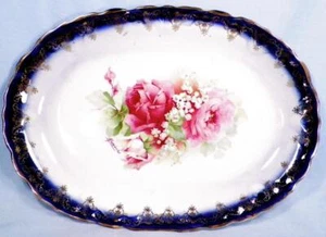 Flow Blue Platter Earthenware Rose Center Sign Mezieres Gold Trim Antique - Picture 1 of 5
