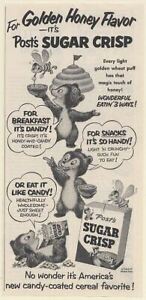 1954 Post Sugar Crisp Cereal Bears For Breakfast Snacks Eat Like Candy Print Ad
