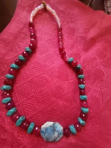 Handmade Unique 22” Necklace with Jasper, Turquoise, Opalite, Agate Fushia - Picture 1 of 13
