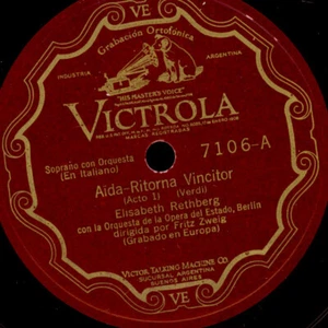 ELISABETH RETHBERG -SOPRAN- "Aida" Ritorna Vincitor / O Patria Mia  78rpm  G3068 - Bild 1 von 2