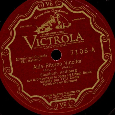 ELISABETH RETHBERG -SOPRAN- "Aida" Ritorna Vincitor / O Patria Mia  78rpm  G3068 - Bild 1 von 2