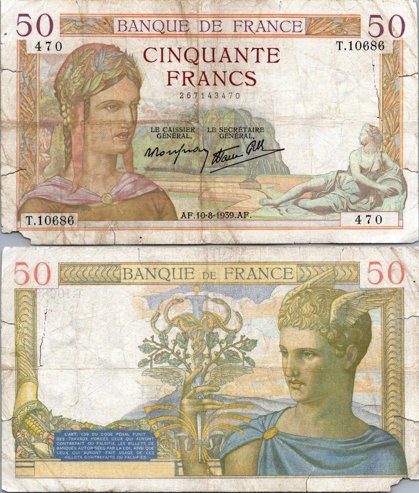 France 50 Francs 1939 Pick # 85 GOOD - Image 1 of 2