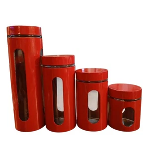 Moderno juego de 4 botes de cocina de vidrio de acero inoxidable rojo básicos para el hogar NOB - Imagen 1 de 7