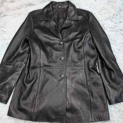 Jacqueline Ferrar Jacket Womens L Black Leather Coat Pockets Button Up Softshell - Image 1 of 4