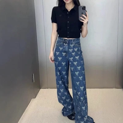 Автопортрет женщин новый модный ретро бант бриллиант повседневный широкие брюки - Изображение 1 из 4