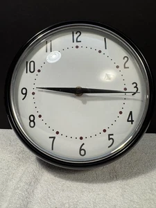Cool Retro Wall Clock Black Metal Quartz Movement Chrome Trim Ring 9.5" - Picture 1 of 4