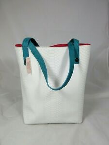 Victoria's Secret NEW  Leather Tote Python embossed White with Turquoise