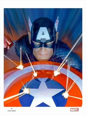 Marvel Icónico Cómic Héroe Capitán América Balas Escudo Bellas Artes Litografía Foto 1 de 2