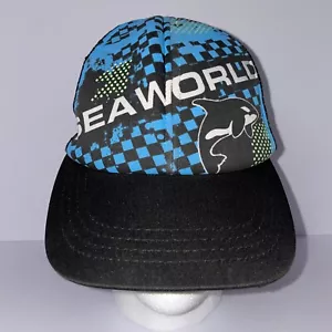 Sea World Snapback Hat Y2K Blue & Black Checkered Mesh - Picture 1 of 7