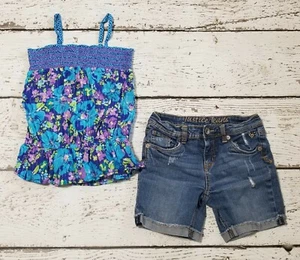 JUSTICE 12 Girls Blue Floral Smocked Halter Top Denim Shorts DC-TT20 - Picture 1 of 4